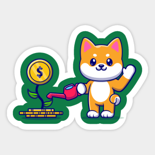 Cute Shiba Inu Dog Watering Money Plant Cartoon Sticker